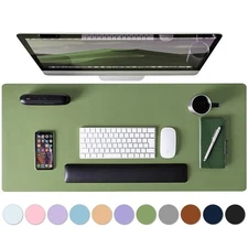 15.7x31.5 Leather Desk Pad, Olive Green, Non-Slip PU, Waterproof Office Mat
