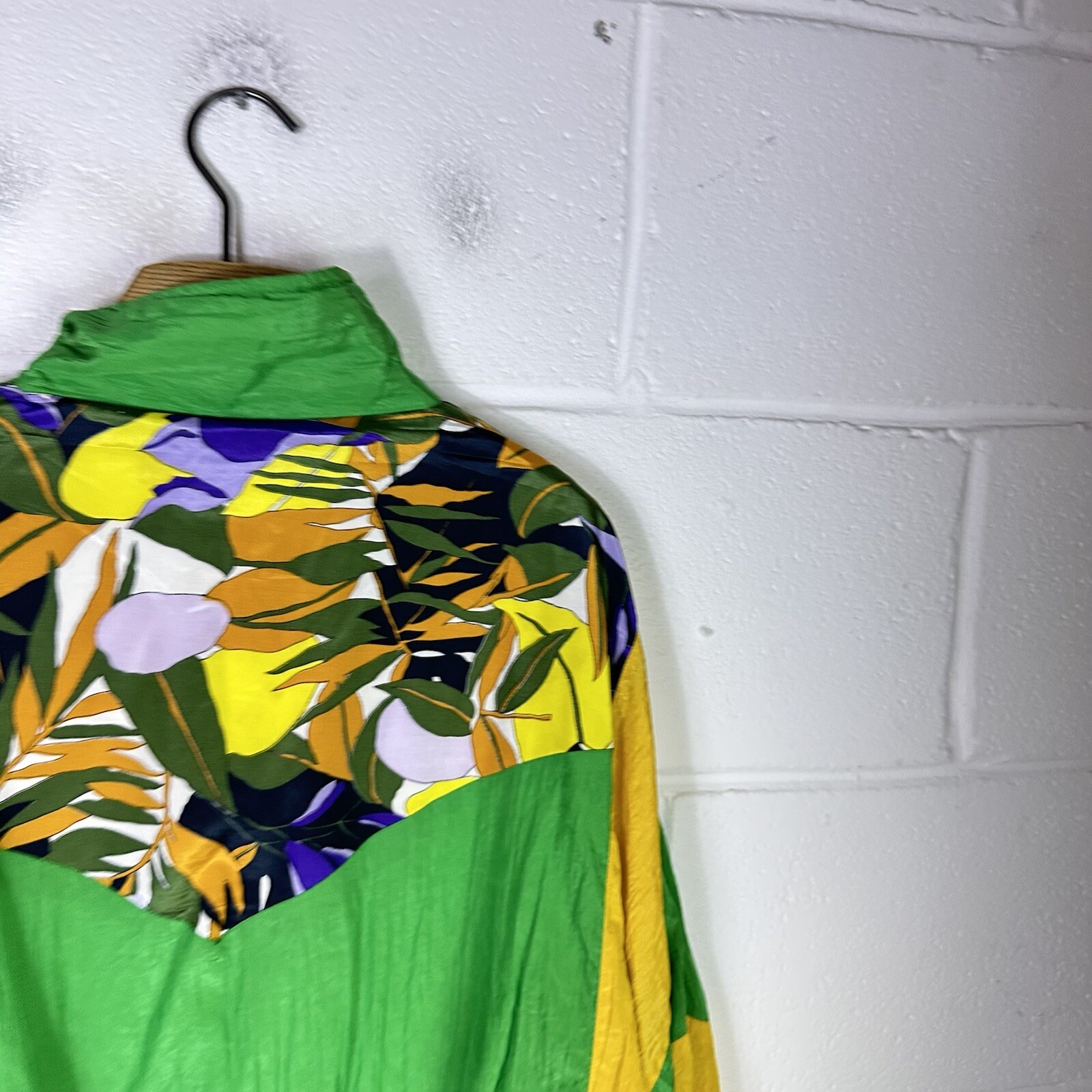 Vintage Track Jacket Womens Medium Green Yellow 90s Windbreaker Retro