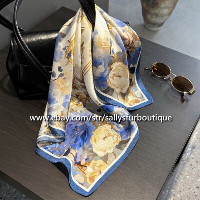 Sallys 100% Satin Silk Scarf Flowers Print Square Neck Bag Hairband 21'' Blue