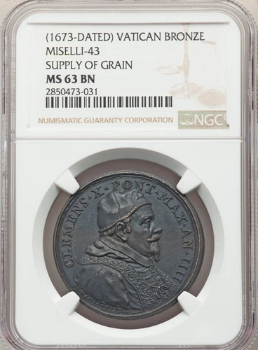 1673 VATICAN - Pope Clemens X - Bronze Medal - Supply of Grain - NGC MS63BN