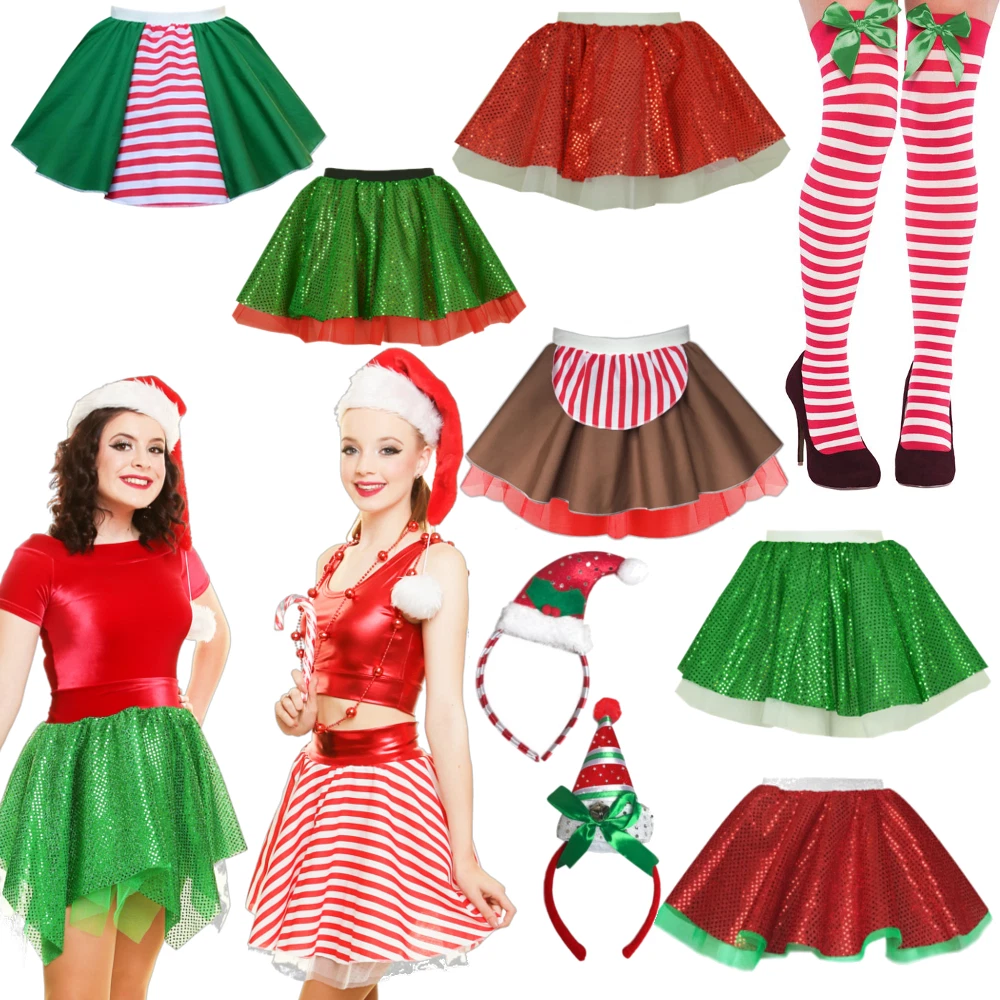 Womens Christmas Skirts Skater Tree Elf Decoration Mrs Santa