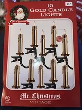 Mr. Christmas 10 Gold Candle Ornament Lights 3.5" Vintage Style w/ Clips NEW