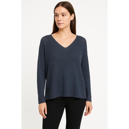 Eileen Fisher Navy Blue Organic Linen V Neck Loose Fit Boxy Knit Sweater XS