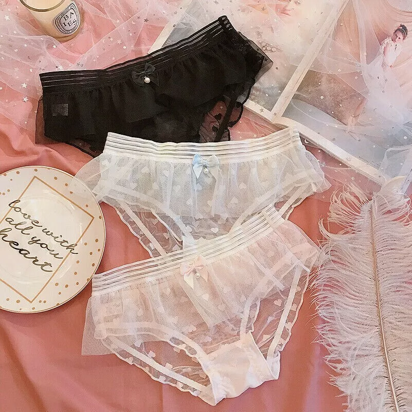 3 Pcs Women Lace Panties Sheer Underwear Lolita Lace Up Mesh Cute Lingerie