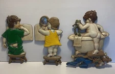 Vtg Sexton USA 1966 Cast Iron Wall Hangings Retro Boy Girl Bathroom Decor READ
