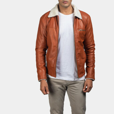 Men's Shearling Jacket Fur Lining Real Lambskin Leather Cognac Brown Winter Coat