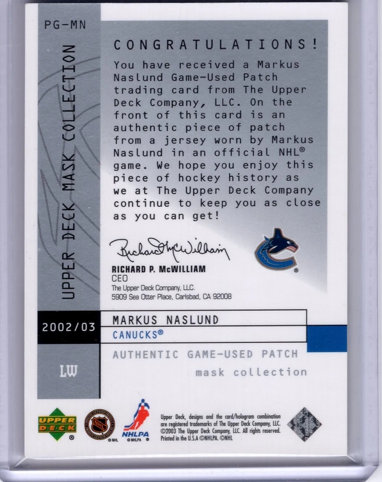 2002-03 Upper Deck Mask Collection Patch - Goals #PG-MN Markus Naslund 1/40 - Image 2 of 2