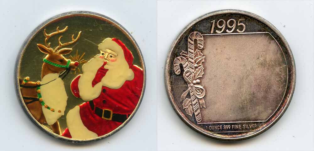 SilverTowne 1995 Secret Santa Round Toned Coin. 1 troy oz. of .999 Fine Silver