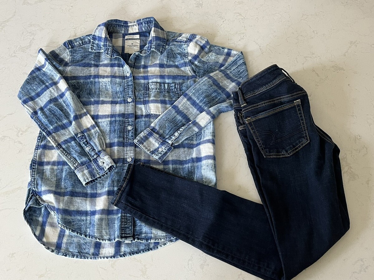 American Eagle Boyfriend Fit Plaid Flannel Shirt S Super Stretch