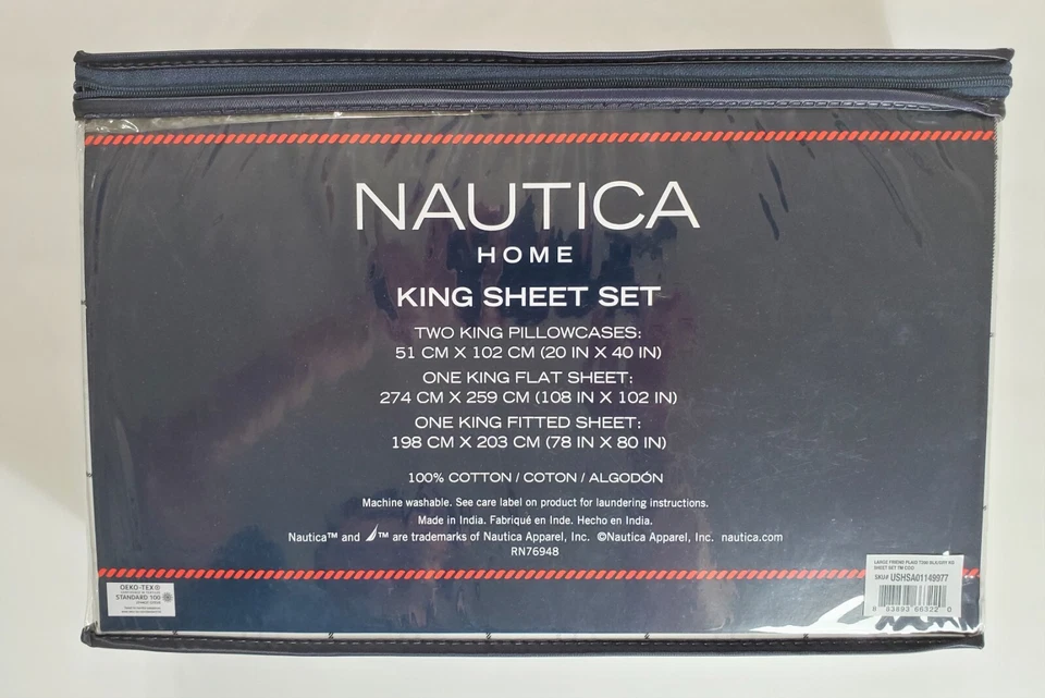 Nautica King Sheet Set Windowpane Plaid White Gray 100% Long Staple Cotton 200TC - Image 3 of 4