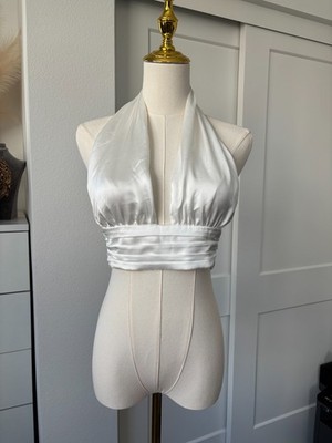 Zara White Satin Effect Deep V-neck Halter Top Backless Women's Size Small Party