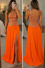 Terani Couture Orange Sequin Beaded One-Shoulder Long Slit Gown Size 6 P1531