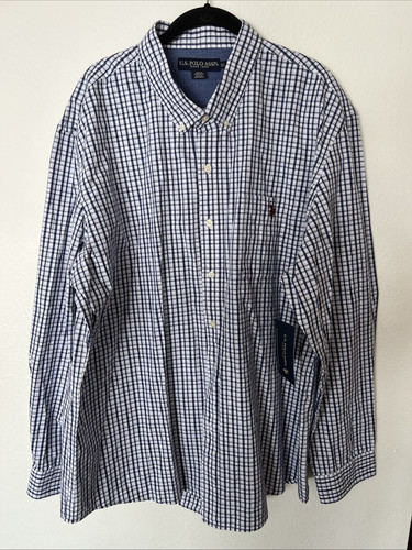 Polo Assn Shirt Men's 3XL Long Sleeve Button Down Collar Blue White Gingham