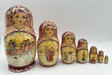 Vintage Russian Matryoshka 8" Nesting Dolls Winter 7 Piece Signed Hand Painted