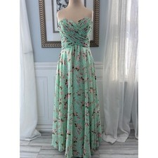 Prom Wedding Strapless Maxi Pleated Chiffon Floral Mint Green Fairycore Size 4