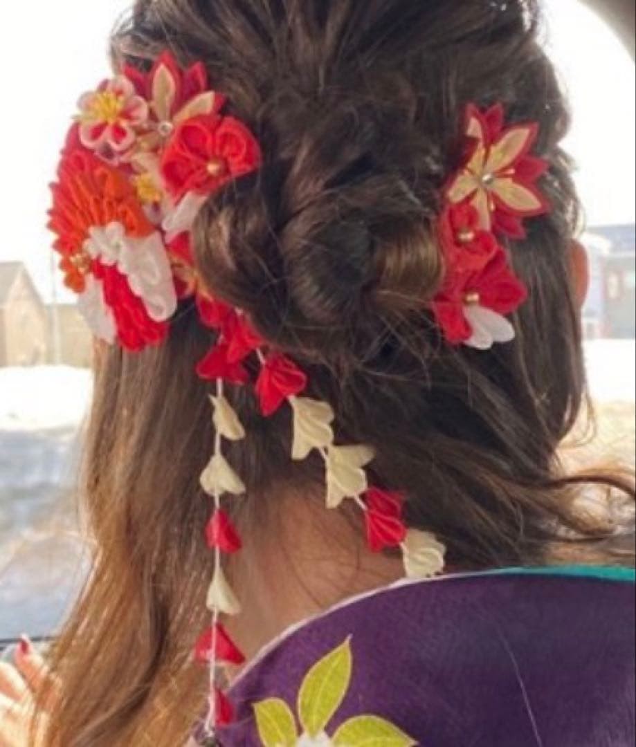 Kimono Hair Ornament Set Red White Gold Traditional Tsumami Kanzashi