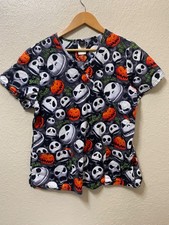Nightmare Before Christmas Short Sleeve Scrub Top Sz Large Halloween Pumpkins