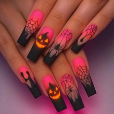 Halloween Press on Nails Square Long Coffin Fake Nails Press ons Nail Art Tips w