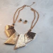 Gold Tone Geometric Metal Statement Necklace Set