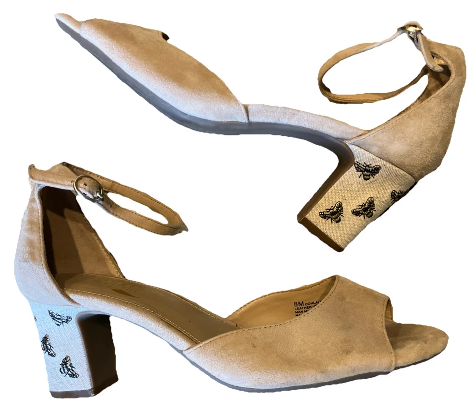 Aerossóis OOHLALA Bege Camurça Couro Sling Salto Traseiro Bordado Abelhas - Imagem 3 de 4