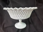 Vintage Milk Glass Hobnail Pedestal Dish Footed Compote Bowl Ruffle Rim