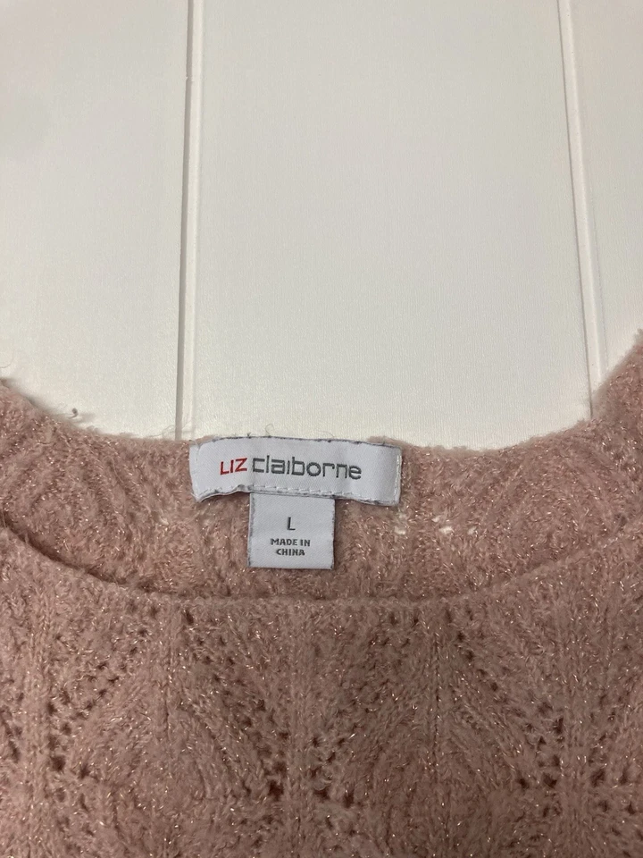 Suéter para mujer Liz Claiborne rosa claro con hilo dorado brillante talla L Foto 2 de 4