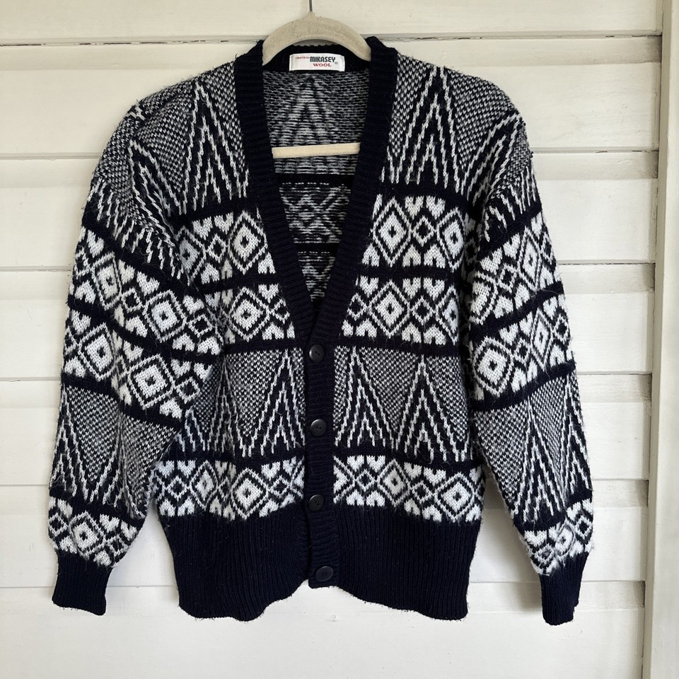 Mikasey Cardigan Woman Size S-M Black White Geometric Wool Jacket