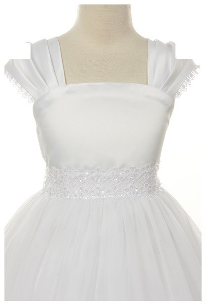 Girls' White First Holy Communion Dress - Cap Sleeved Tea Length With Floral Tulle - View #10