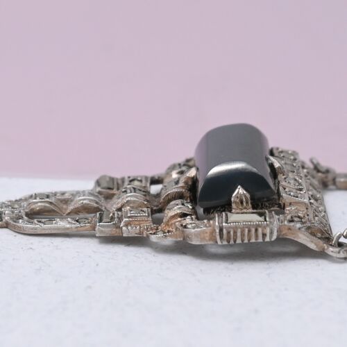 Vtg 1930s Art Deco HEMATITE Sterling Silver Marcasite Necklace - Picture 2 of 6