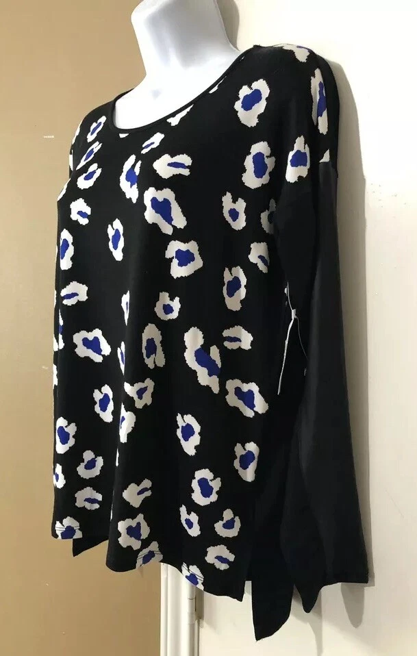 NUEVO CON ETIQUETAS Blusa Top Kensie Talla Pequeña Estampado Negro y Azul Imitación Cuero Manga Larga NUEVA Foto 4 de 4