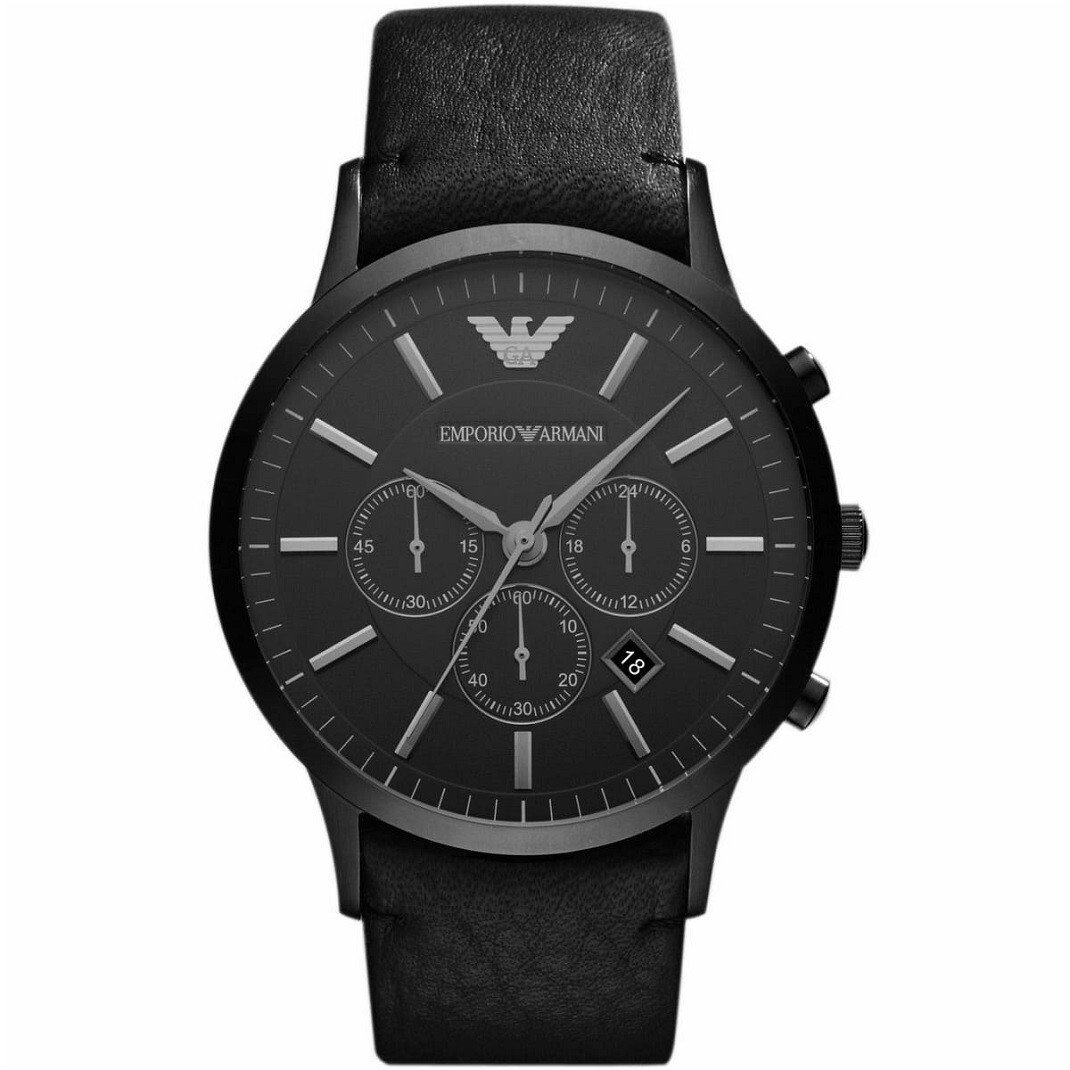 RELOJ EMPORIO ARMANI PARA HOMBRES CORREA DE CUERO NEGRO Y ESFERA NEGRA AR2461 GENUINO NUEVO
