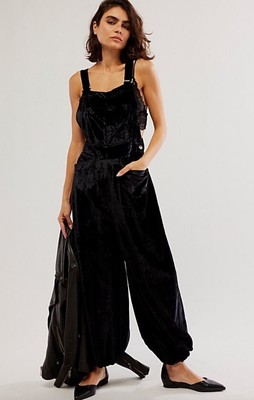 Free People Follow The Sun One Piece Velvet Jumpsuit Cinched Cuffs Black S NWT
