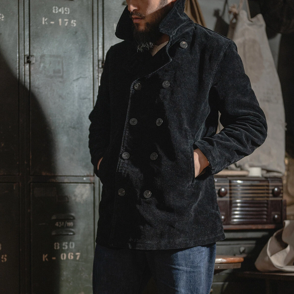 Bronson Black Corduroy Peacoat Double-Breasted Men's Jacket Naval