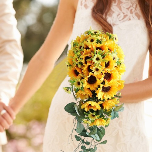 Water Drop Style Artificial Sunflower Wedding Bouquets Holding Bouquet, - Picture 1 of 12