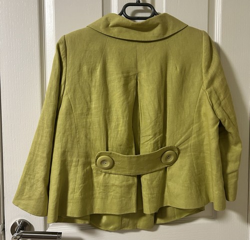 Ladies Lime Green Short Jacket 100% Linen Lined Box Style 16 Buttons, Pockets - Picture 8 of 9