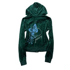 Vintage Juicy Couture Womens Dark Green Velour Zip Up Hoodie Graphic Logo Size S