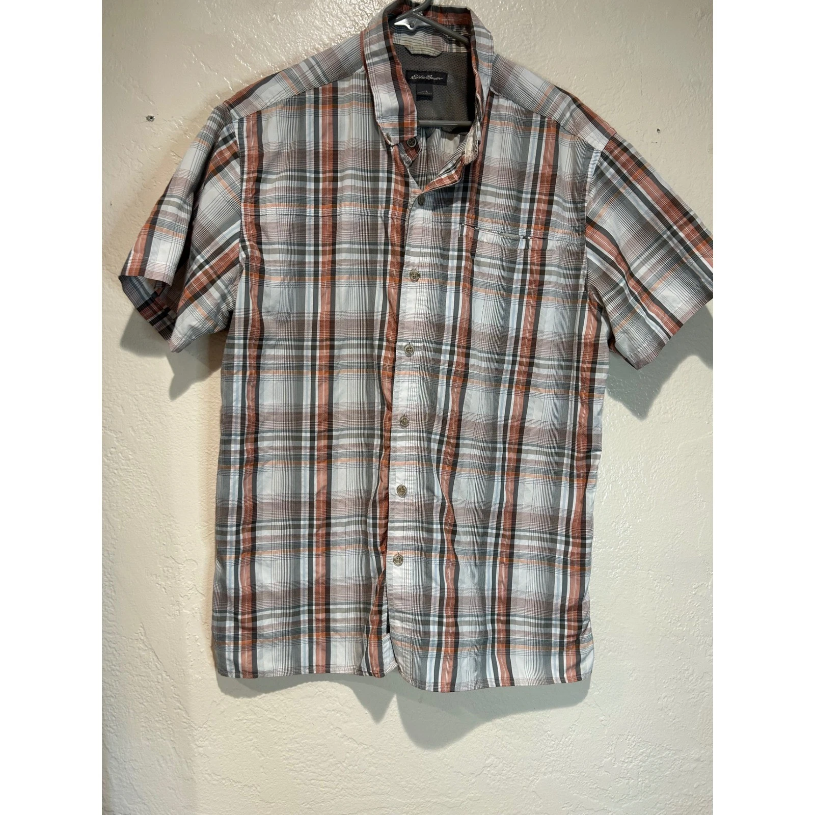 Eddie Bauer Mens Large Orange Grey Plaid Short Sleeve Button Down Hiking Shirt