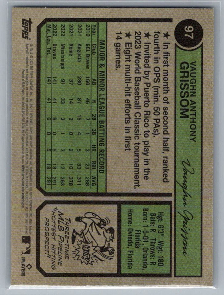 2023 Topps Heritage Vaughn Grissom Atlanta Braves #97 - Image 2 of 2