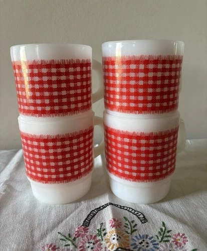 Anchor Hocking Fire King Red Gingham Checkered Stackable Mugs, Set Of 4
