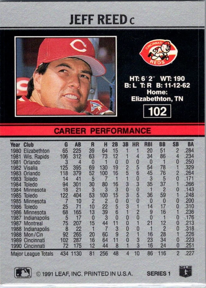 1991 Leaf Jeff Reed #102 Cincinnati Reds - Image 2 of 2