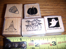 5 HALLOWEEN STAMPS,GHOST,HAT,PUMPKINS, CORNCANDY STAMPIN -UP WOOD RUBBER STAMPS