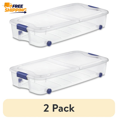 (2 Pack) 66 Quart Latching Underbed Wheeled Storage Bin, Clear Plastic   