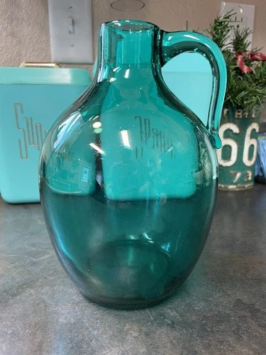 Blenko Art Glass Seeded Glass Teal Green 7.5" Moonshine Jug #417 Mid Century