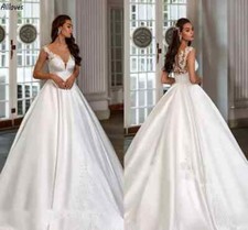 White Ivory Satin A Line Wedding Dresses for Women Sexy V Neck Boho Bridal Gowns