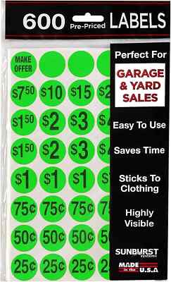 NIP Sunburst 600 Pre-Printed Price (Garage/Yard/Tag Sale) Adhesive Labels - 7020
