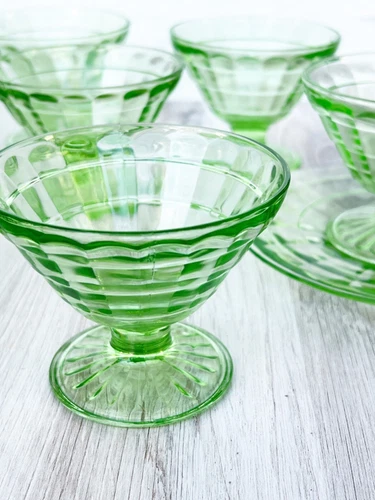 Vintage Green Depression Uranium Glass Dessert Cups and Saucers
