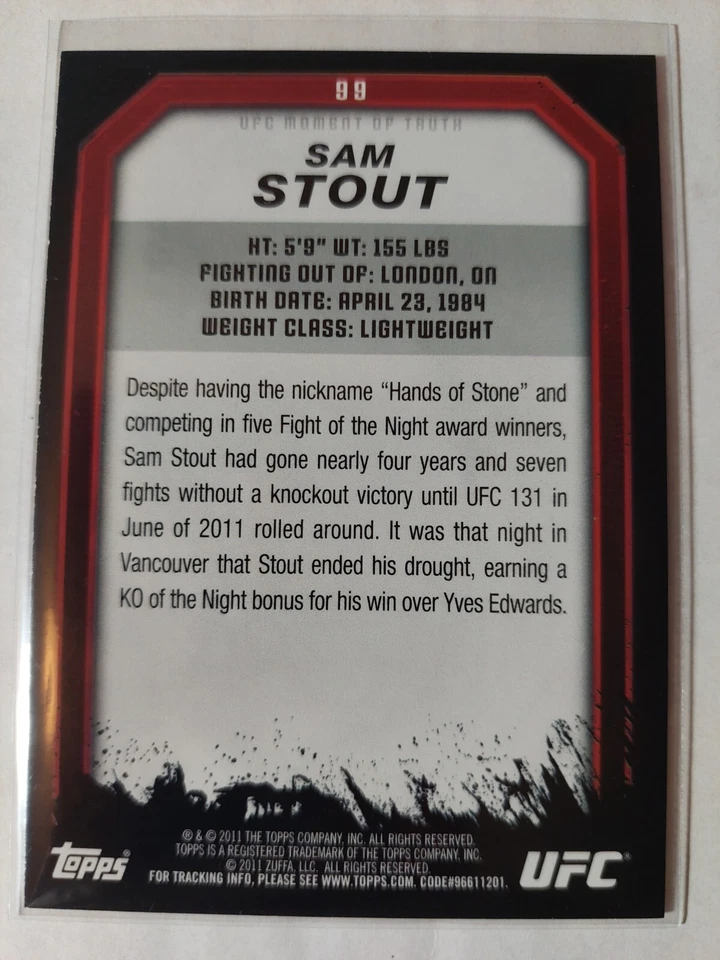 Sam Stout #99 2011 Topps UFC Moment of Truth Gold Parallel - Image 2 of 2