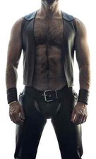 Men's genuine Leather Bartender Vest Cowhide Bar Vest Black Leather Vest