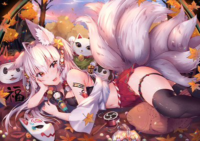 Anime  art 2d portrait girls red eyes white hair fox CCG Gaming Mat Desk