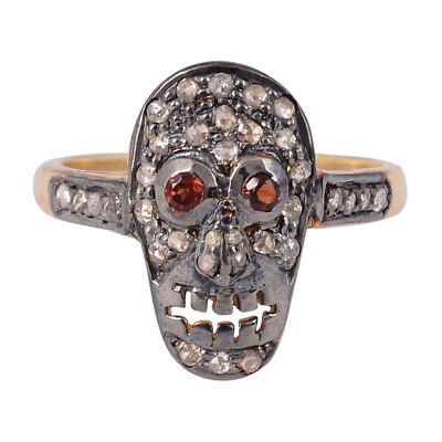 925 Sterling Silver Pave Diamond Garnet Skull Ring Anitique Fine Jewelry  Gift